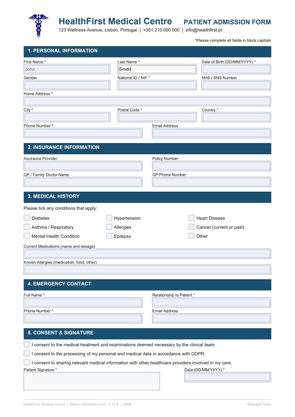 Fillable PDF patient admission form generated with Python ReportLab